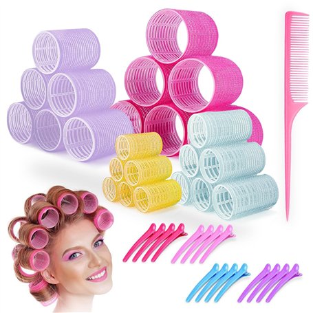 Westalio Lot de 41 bigoudis avec clips - 4 tailles - 24 rouleaux Velcro pour volume de cheveux - 16 pinces et peigne - 64 mm