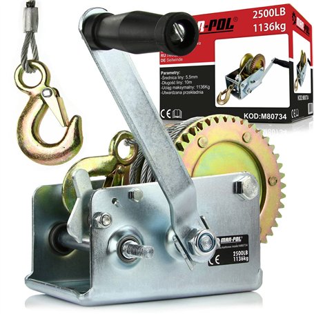 Treuil Palan Manuel à Manivelle 1136 kg 2500 lb | Câble en acier 10 m | 2 vitesses | Crochet de fermeture | Mécanisme de sécurit