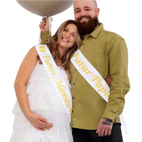 2pcs Écharpes Blanches Future Maman Futur Papa Lettre Doré Ceinture Bande Ruban en Deux Couches Polyester Accessoires Photomaton