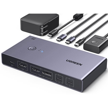UGREEN KVM Switch HDMI2.0 Commutateur KVM DP 4K 60Hz 2 Entrées 2 Sories avec 3 Ports USB A USB C 3.0 5Gbps PD 100W pour MacBook