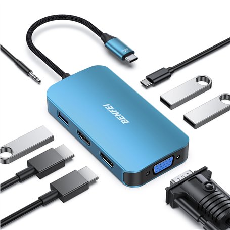 BENFEI Hub USB C MST 8 en 1 avec USB-C vers 2 HDMI/1 VGA