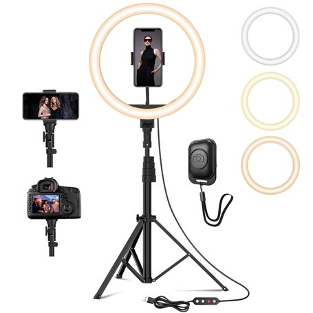 YOHOOLYO 12" Ring Light avec Trépied 64" Anneau Lumineux LED avec 10 Luminosité 3 Modes d'Eclairage