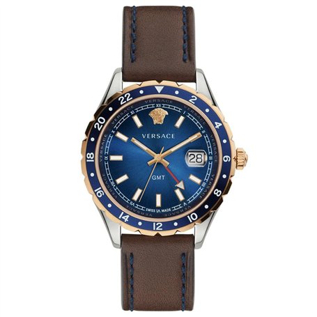 Montre Versace Hellenyium GMT pour Homme en Cuir Marron Cadran Bleu 42 mm V11080017