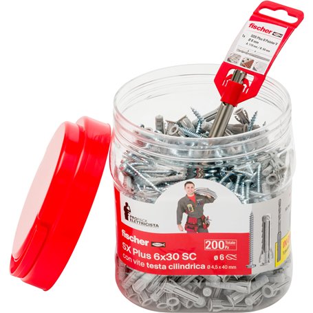 Fischer Propack Électricien SX Plus 6 x 30 SC avec 200 chevilles SX 6 x 30 + 1 embout SDS Plus Ø 6
