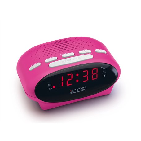 Ices ICR-210 Rose -Tuner PLL-FM- Haut-parleurs intégrés- Radio-réveil- Fonctionnement sur piles- Écran LED- Double fonction d'al