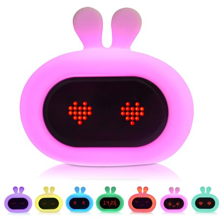 Kadoing® Réveil Enfant Lapin - avec Expressions Faciales et Fonction Tapotement - Lumière de Réveil - Entraîneur de Sommeil - Ve