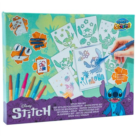 Disney Lilo & Stitch - Spray Pen Set (ST23364) - Kit de Stylos Pulvérisateurs pour Colorier et Dessiner - 7 Stylos et 6 Pochoirs