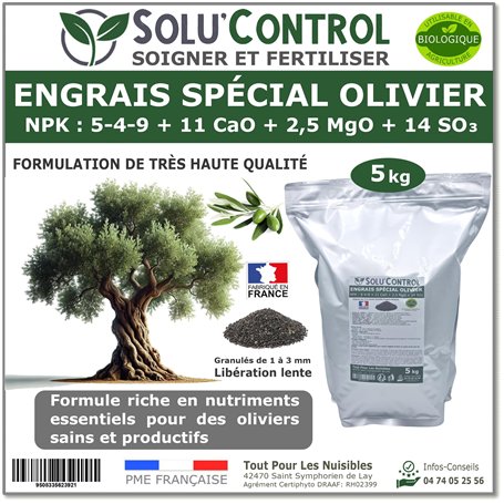 ENGRAIS Spécial OLIVIER 5 kg - SoluControl - Formulation haute qualité Organo-Minerale - NPK 5-4-9 - Utilisable en Agriculture B