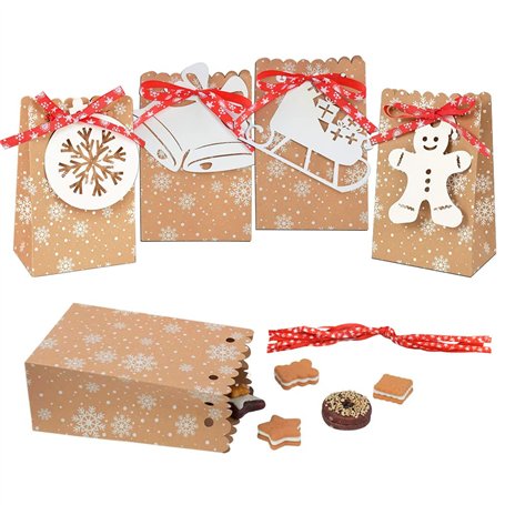 STCRERAG 24 PCS Sac Cadeau de Noël en Kraft Avec Ruban et Ornement - Emballage Cadeau Boite Pochette Papier Sachet Bonbon pour C