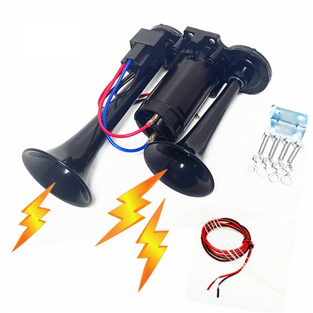 YIYIDA Klaxon de voiture Air Horn Klaxon électrique Klaxon à air 165db Trompettes Klaxon à double tube noir Klaxon de camion Kla