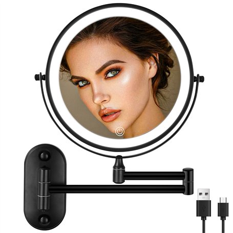 jutyum Miroir cosmétique mural avec grossissement 1X/10X - Éclairage LED - Miroir de maquillage mural avec éclairage à intensité