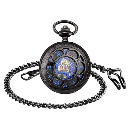 MICGIGI Homme/Femme Montre de Poche mécanique à remontage Manuel rétro Moulin à Vent Montre Gousset avec chaîne (Noir)