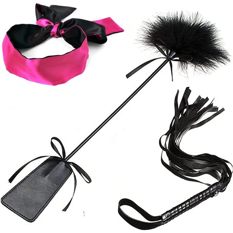SM Bondage Flogger Fouet en cuir érotique Fétiche Masque pour les yeux avec plumes Tickler Cuir main fessée paddle jouets sexuel