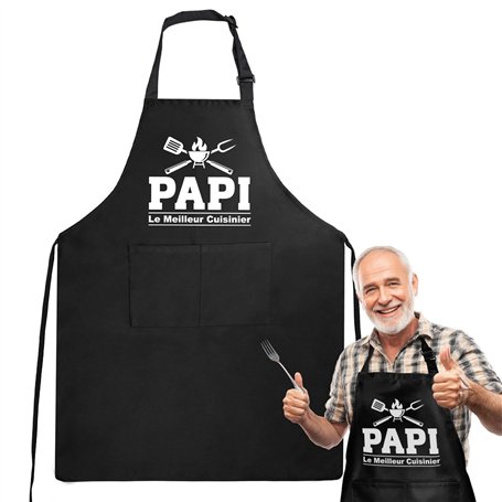 COLOFALLA Tablier Papi Cadeau Papi Le Meilleur Cuisinier Noir avec Poche Col Réglable Ceinture 70cm Tablier de Barbecue Imperméa