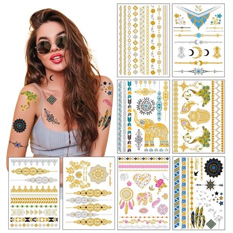 Transfert Temporaire Métalliques Tatouages Pour Les Femmes Teens Filles - 8 Feuilles Or Argent Tatouage Temporaire Briller Bijou