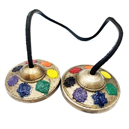 Tingsha (cloche tibétaine) - Fabriqué à la main - Artisanat indien - Design chakras émaillés avec leurs couleurs - cymbales pour