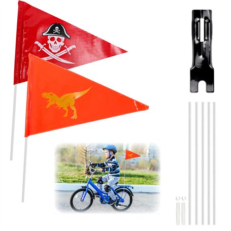 HONMOK 2pcs Fanions Vélo Enfant Pirate Dinosaure Réfléchissant Drapeau de Sécurité avec Mâts Réglables pour Garçon Fille Cyclism