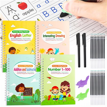 Lot de 4 livres d'entraînement à l'écriture manuscrite réutilisables pour enfants