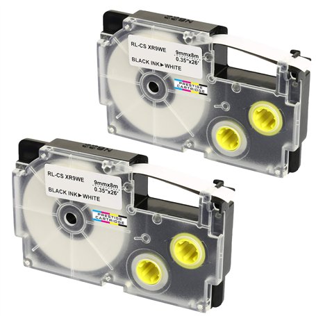 Prestige Cartridge 2x XR-9WE XR-9WE1 noir sur blanc 9mm x 8m Rubans Étiquettes compatibles avec Casio KL-60 KL-100 KL-120 KL-200