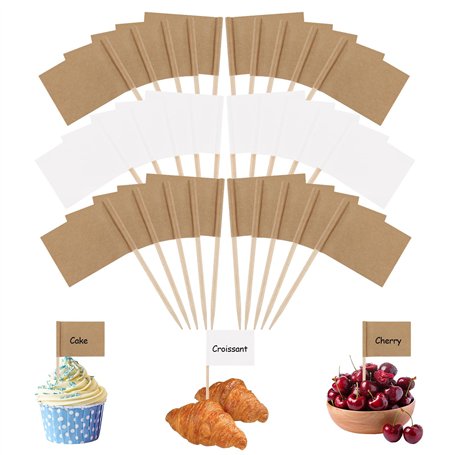 Lot de 300 drapeaux à cure-dents - 2 drapeaux en papier kraft de couleur pour écrire - Marqueur à fromage blanc - Pour cupcakes