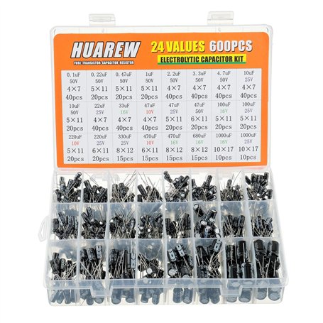 HUAREW 24 Valeurs 600 Pcs Aluminium Kit Boîte D'Assortiment De Condensateur électrolytique Portée Comprend 0.1 à 1000 Fu