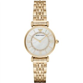 Emporio Armani Montre pour femme, mouvement à deux aiguilles, boîtier en acier inoxydable doré de 32 mm avec bracelet en acier i Emporio Armani Montre pour femme