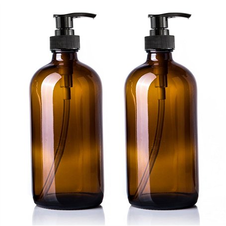 DRERIO Flacon Pompe Ambré Verre Lot de 2 Bouteille Verre 500ml avec 4 Salle de Bain ÉTiquettes