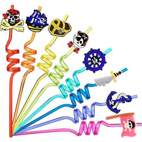 Lot de 16 décorations de fête d'anniversaire pour enfants sur le thème des pirates. Pailles réutilisables avec bague