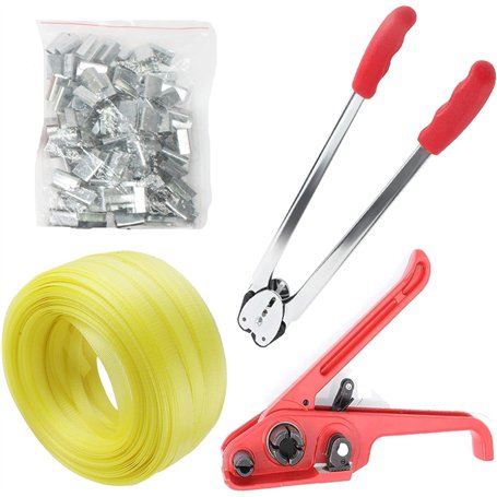 Kit de cerclage manuel avec dispositif de scellement de 100 m - Banc de cerclage 50 pièces clips pour tendeurs d'emballage en pl