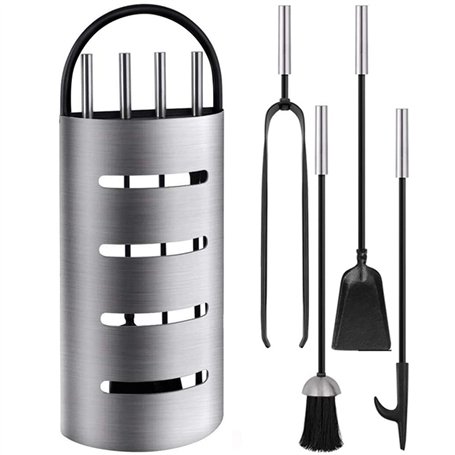 Amagabeli 4 Pièces Outils De Cheminée Set Argent Fer Forgé Outils De Cheminée Fer Porte-Bûches Stand Pinces À Feu Pelle Pinceau