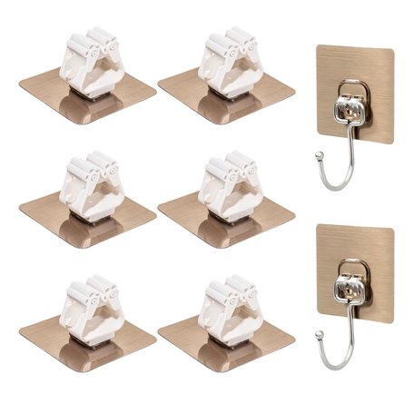 HDGSAFD Lot de 6 supports pour balai à franges - 2 crochets dorés - Porte-balai sans perforation - Clip auto-adhésif - Étagère d