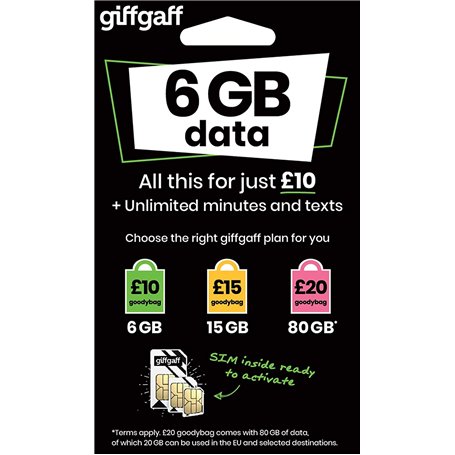 Carte SIM 2G 3G 4G - Giffgaff O2 Multi Taille Standard Micro Nano £5 Bonus Crédit après avoir rechargé £10 Première Fois Appels