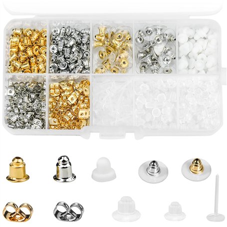530 Pièces Fermoirs de Boucles d'Oreilles 10 Styles Poussette Boucle Oreilles en Métal Caoutchouc Plastique Sécurisé Fermoirs Bo