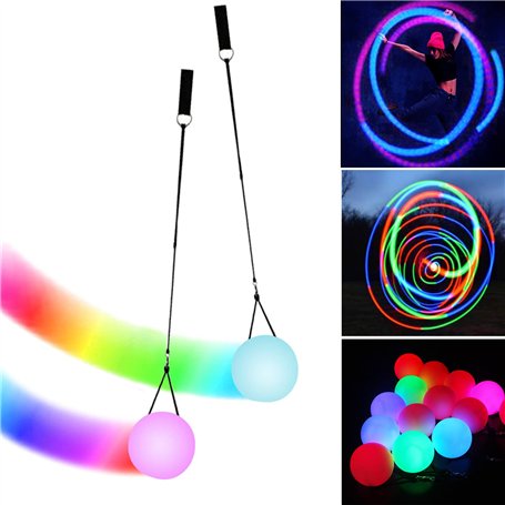 Lot de 2 balles de poï LED lumineuses avec couleurs arc-en-ciel et effet stroboscopique