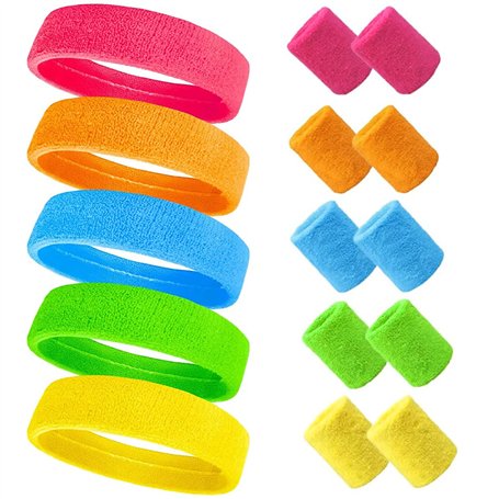 UQTUKO Ensemble Bandeau de Sport et Serre-Poignets - 15 Pièces Fluo Anti-Transpiration - Accessoires Rétro Années 80 et 90 Pour
