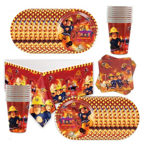 Doyomtoy Set de table de fête pour enfants Vaisselle pour fête d'anniversaire sur le thème des pompiers 61 pièces - assiettes
