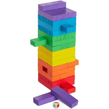 Lot de 48 blocs de construction en bois - Tour vacillante multicolore