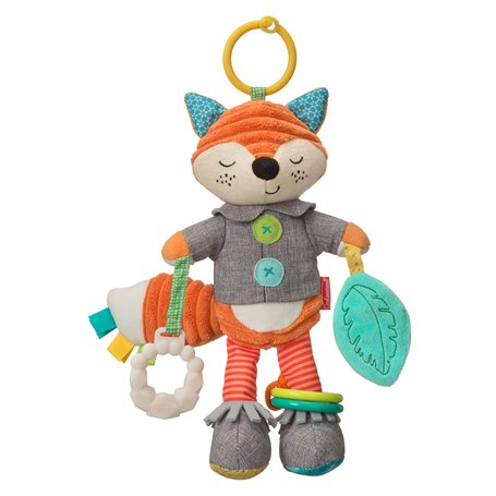 Infantino - Peluche Renard - Jouet Sensoriel Bébé - Matières variées - Hochet et Anneau de Dentition intégrée - Se Fixe Partout