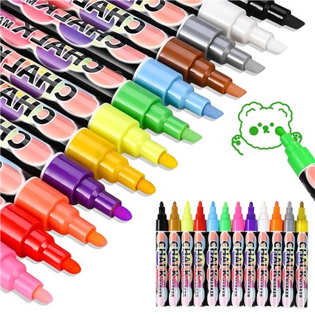 Stylo Craie Pour Tableau Noir Effacable 12 Pièces Marqueurs À Craie Couleurs Vives Effaçables À Sec Pointe Réversible Marqueur À