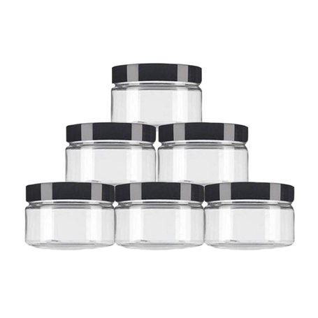 Lot de 6 bocaux vides en plastique transparent à large goulot avec couvercles noirs - 250 ml - Pour maquillage