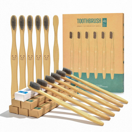 Lot de 12 brosses à dents au charbon de bois en bambou naturel | Brosse à dents avec poils doux (Lot de 12)