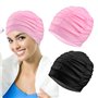 CAREDGO 2 Pièces Bonnets de Bain Élastique, Bonnet de Natation Femme Cheveux Long, Bonnet de Piscine en Tissu Polyester Extensib