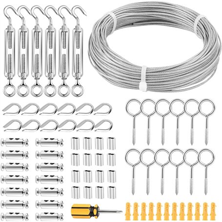 FSHIHINE 30m Corde en Acier Inoxydable Tendeur de Fil de Jardin Suspendre Kit