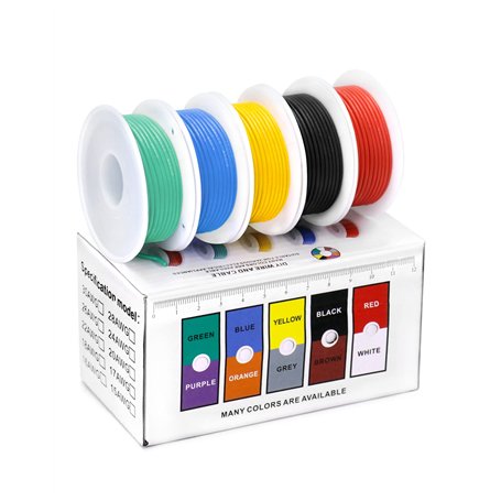 QWORK® Kit de Fil Électrique Flexible - 22 AWG 0.32mm² 5 Coloris (10 Mètre Chacun) - Fil Cuivre Étamé Solide avec Isolation en S