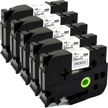 NEOUZA Lot de 5 cartouches de ruban adhésif laminé pour Brother P-Touch TZe TZ 18 mm x 8 m (TZe-145 blanc sur transparent)