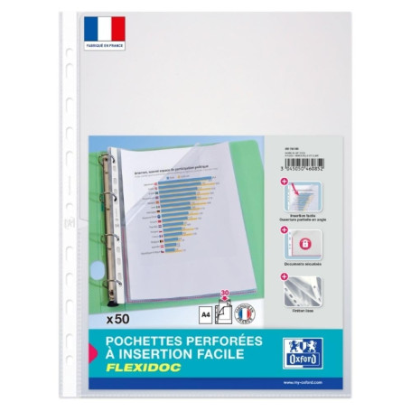 OXFORD Sachet de 50 Pochettes Perforées à Ouverture Latérale Flexidoc A4 Polypro Lisse Epaisseur 7/100ème Incolore