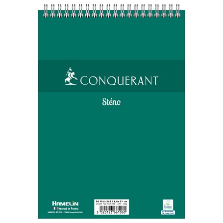 Oxford Conquerant Bloc‐Notes Sténo A5 Uni 180 Pages Reliure Intégrale Couverture Carte Verte