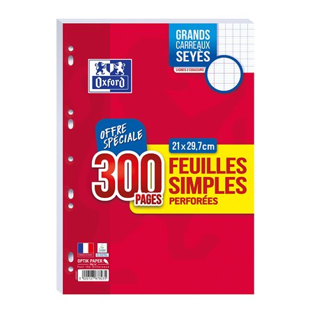 OXFORD Lot de 300 Pages Feuilles Simples Perforées au Format A4 (21 x 29.7cm) Grands Carreaux Seyès
