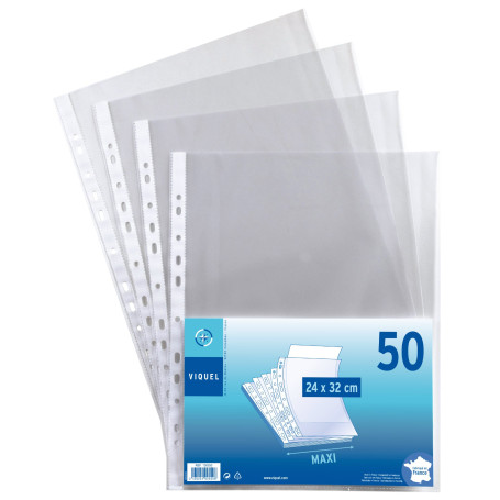 Lot de 50 pochettes perforées 24x32 en plastique - Pochettes transparentes Maxi format - Bord renforcé - Fabriqué en France