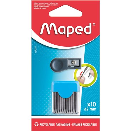 Maped - Étui Rigide de 10 Mines de Rechange 2 mm + 1 taille mines pour Recharge Compas Scolaire - Mine + taille mines Compas Map